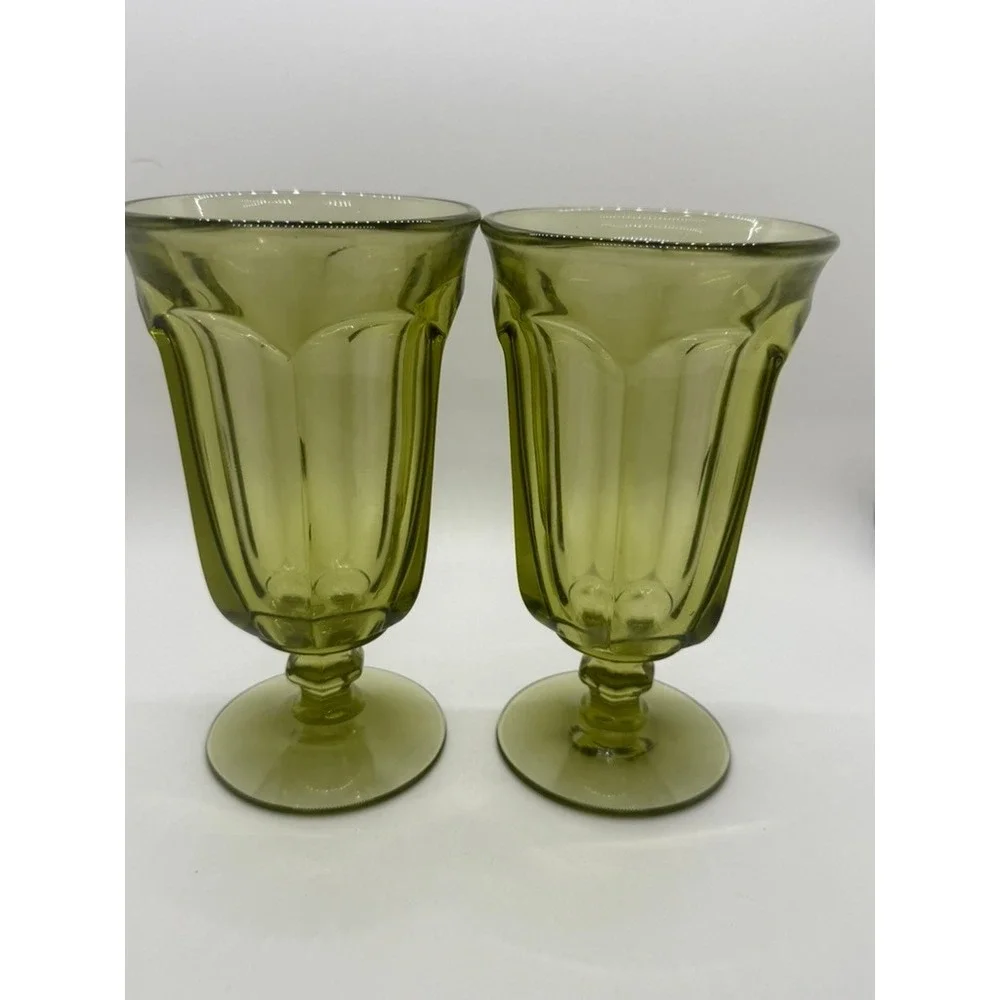 Vintage Olive Green Pressed Glass Goblets Set of 2 Water Wine Glasses MCM